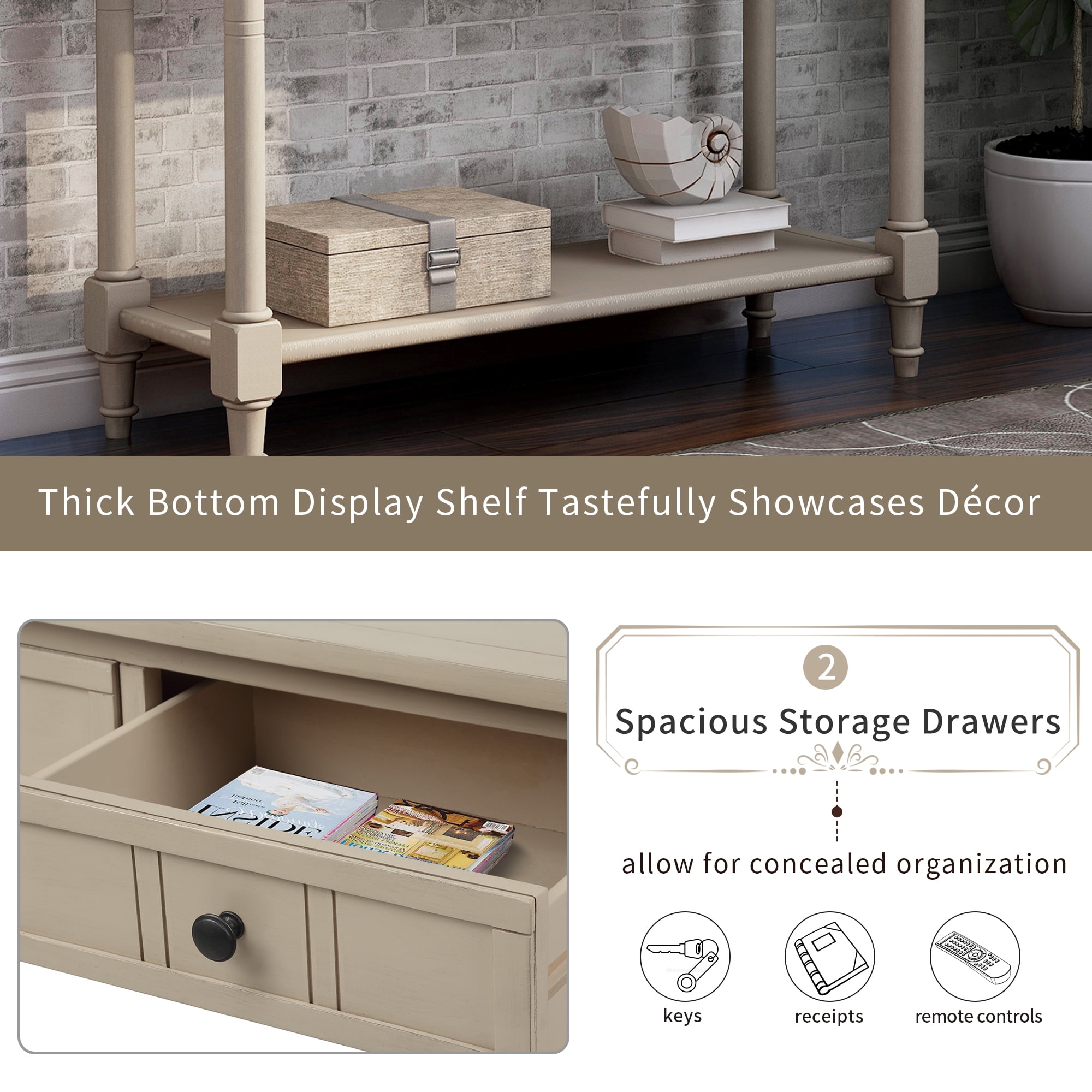 Retro Console Table with Drawers, Solid Wood Entryway Table for Living Room, Hallway, Vintage Accent Storage Sofa Table with Bottom Shelf