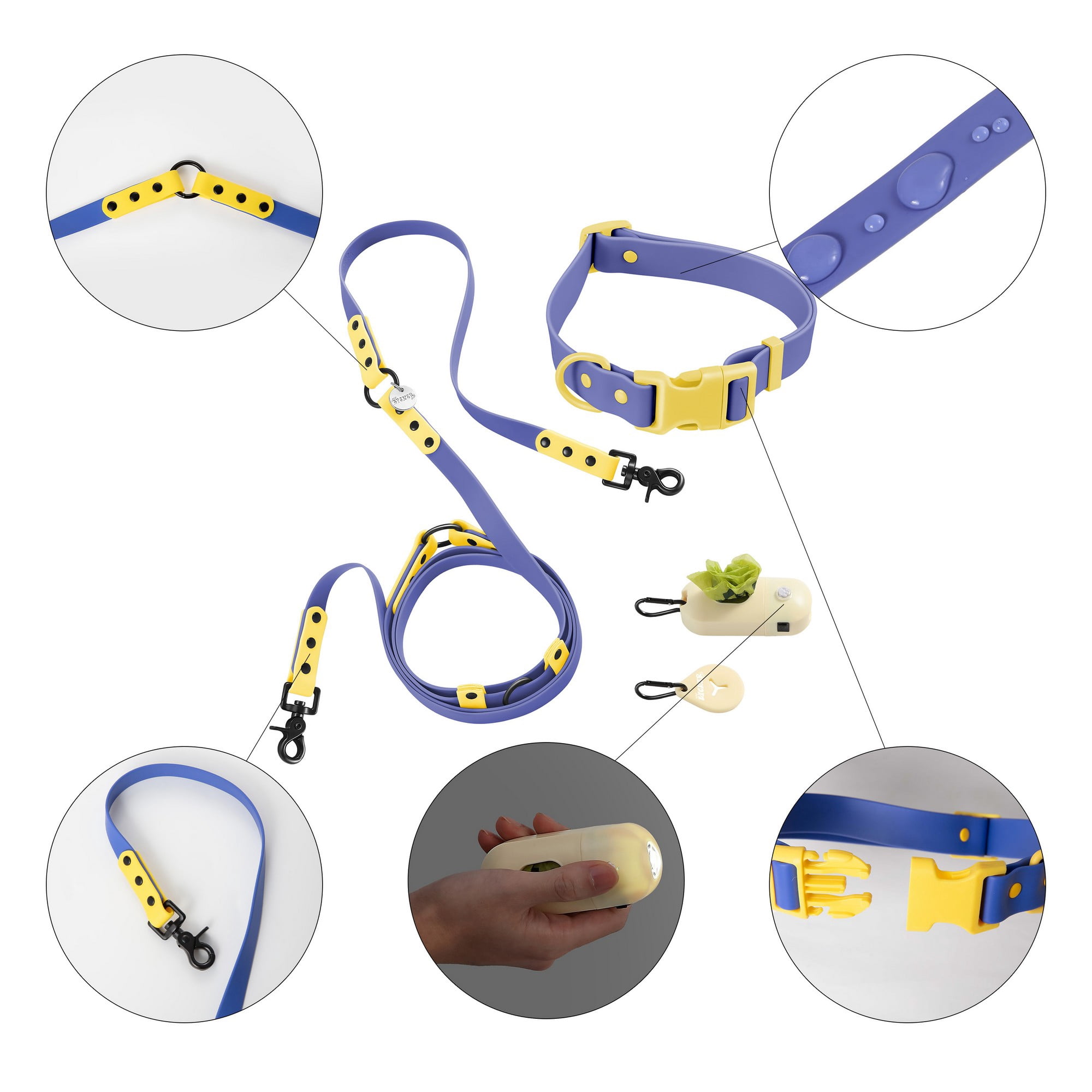 THE LICKER STORE Luna Large 8FT Adjustable 6-in-1 Waterproof Hands-Free Leash and Collar with LED Flashlight, Bag Dispenser, and Poop Bag Holder, Dark Blue/Yellow, WLK1006C-5SET
