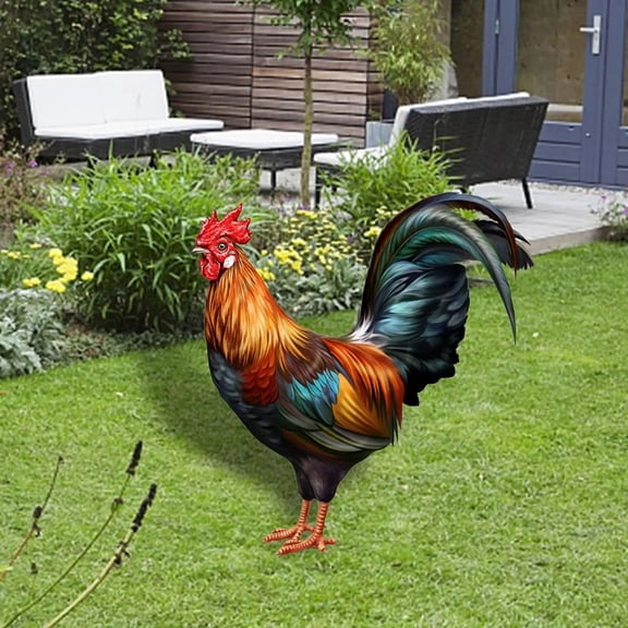 TUITOONM Realistic Acrylic Rooster Statue 12.2 Inch Tall Weatherproof Chicken Sculpture with 15" Ground Stake for Farm & Garden Decor