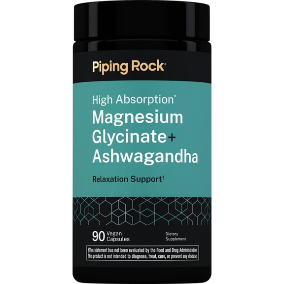 Magnesium Glycinate & Ashwagandha Complex Supplement | 90 Vegan Capsules | by Piping Rock