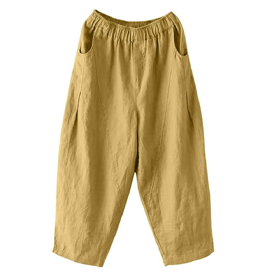 Zpanxa Women's Split Hem Wide Leg Pants with Pockets Solid Color Elastic Waist Loose Straight Leg Trousers Comfort Fit for Casual Everyday Wear Yellow M