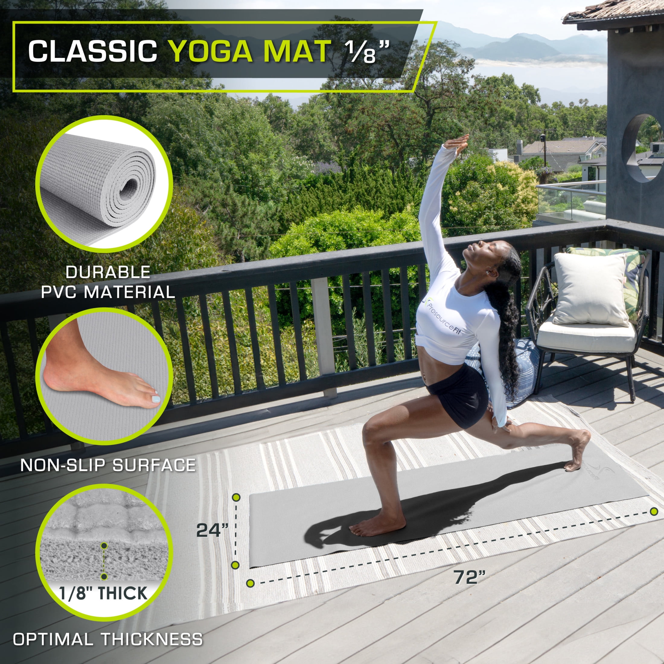ProsourceFit Classic Yoga Mat 1/8”, 3mm Thick Extra Long 72" for Stability