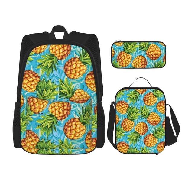 Easygdp Pineapple Mochila para Niños y Niñas con Set de Caja de Almuerzo y Estuche para Lápices 3 en 1, Mochila Escolar Estampada para Adolescentes