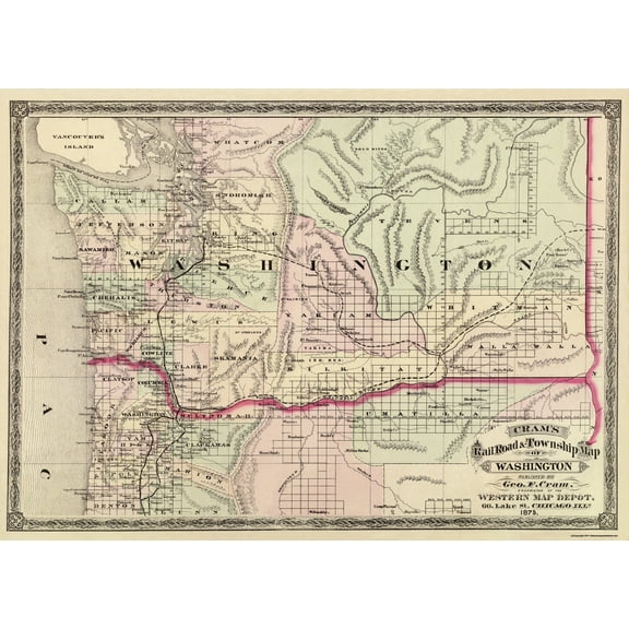 Historic State Map - Washington - Cram 1875 - 31.94 x 23 - Vintage Wall Art