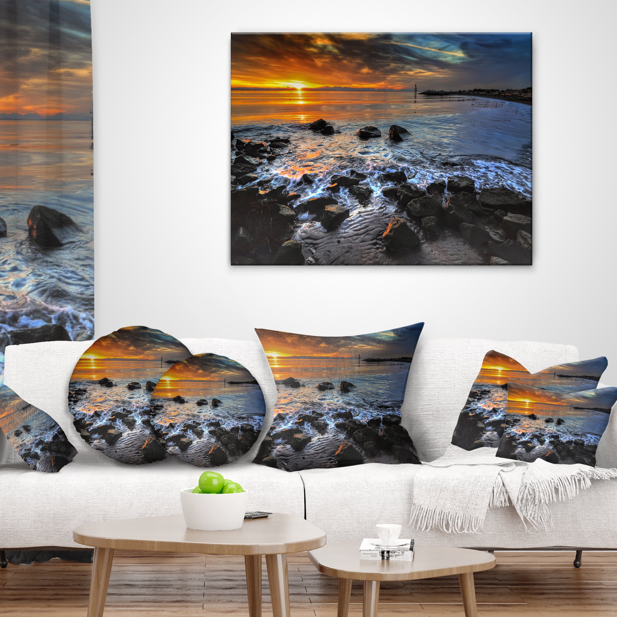 Designart Sunset over Rocky Ocean Shore - Landscape Printed Throw Pillow - 18x18