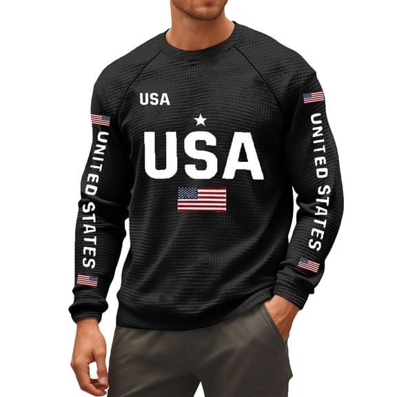 Zimjoy Independence Day Shirts for Men Long Sleeve Crew Neck Flag Graphic T-shirt Patriotic 250th Anniversary T Shirts, Black L