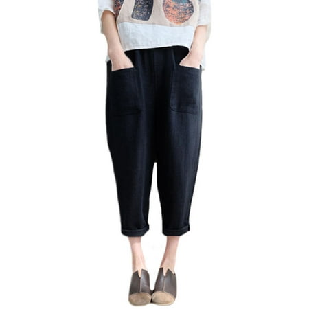 Womens Harem Cotton Linen Elastic Waist Loose Casual Pants Pockets