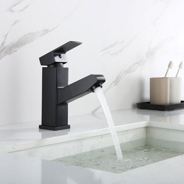 Grifo para lavabo de baño de color negro, grifo de baño de latón de material superior y resistente, grifo para baño de diseño de una sola manija con rociador extraíble, adecuado para agua fría y