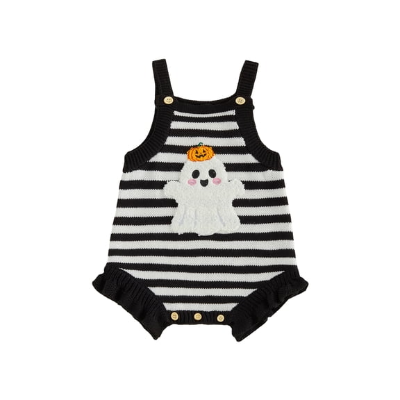 RUINIXCW Newborn Baby Girl Halloween Outfit Fall Knit Romper Overalls Infant Pumpkin Ghost Embroidery Sleeveless Square Neck Striped Bodysuit Playsuit