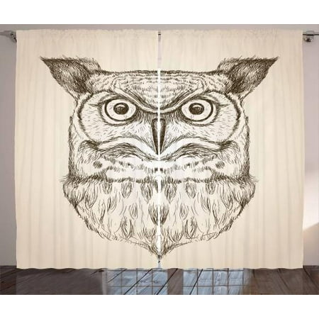 Owl Curtains 2 Panels Set Hand Drawn Artistic Sketch Of An Owl Head Front View Wildlife Animal Theme Window Drapes For Living Room Bedroom 108w X