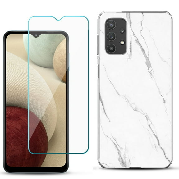 Slim-Fit TPU Phone Case compatible with Samsung Galaxy A32 5G, with Tempered Glass Screen Protector, by OneToughShield ® - Marble / White