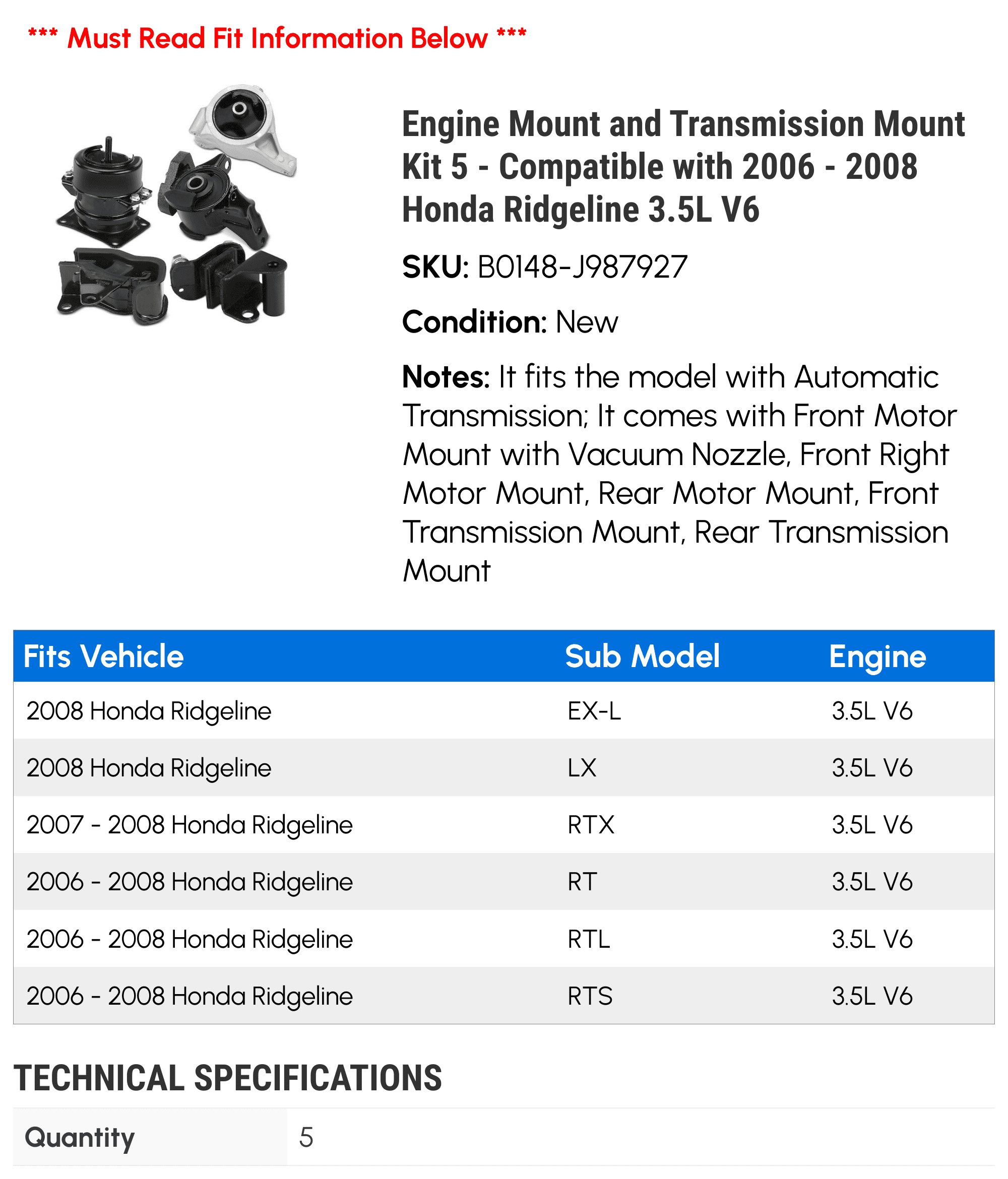 Engine Mount and Transmission Mount Kit 5 - Compatible with 2006 - 2008 Honda Ridgeline 3.5L V6 - Autopart Premium