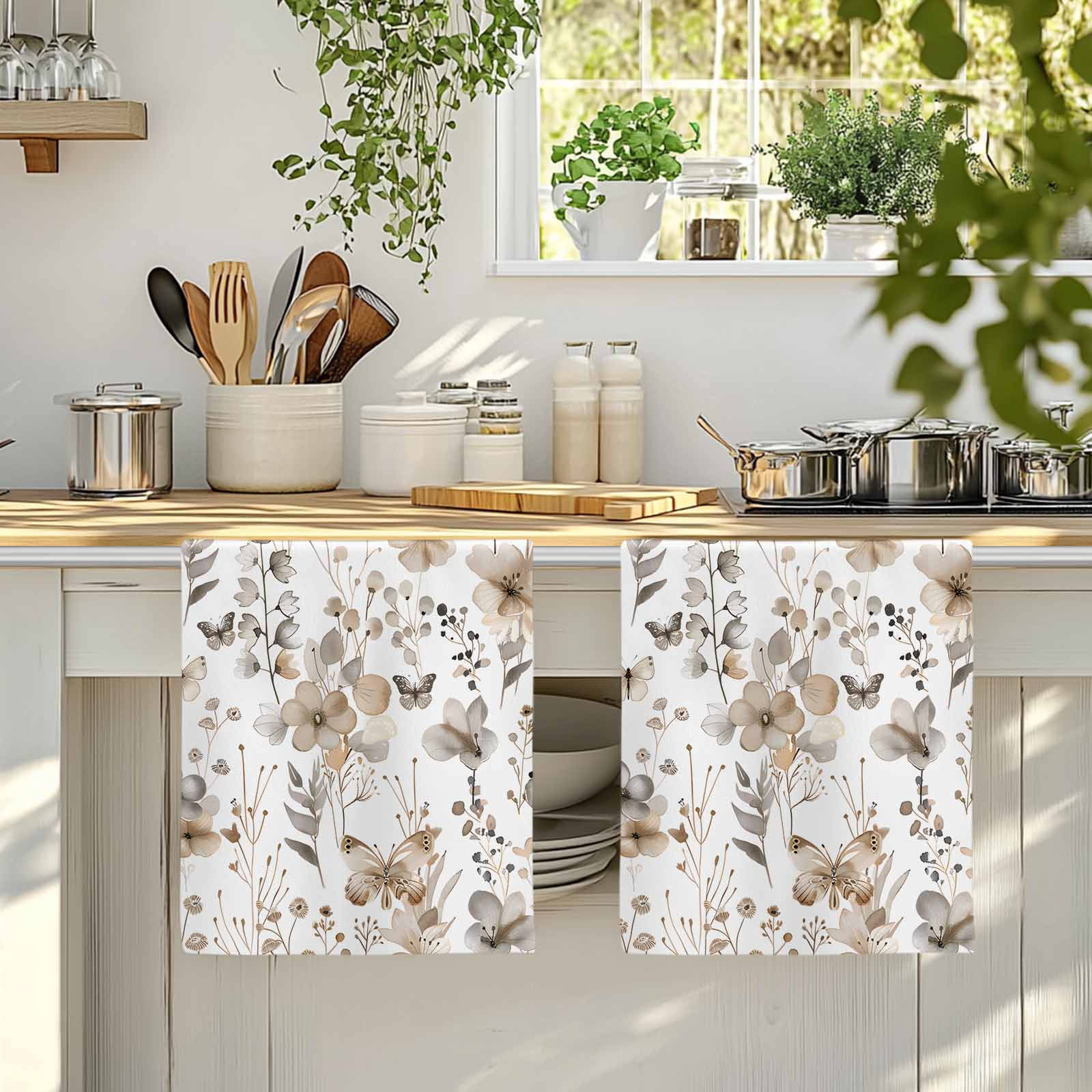 Brown Grey Floral Spring Kitchen Towels Set of 2, Watercolor Botanical Butterfly Absorbent Dish Towels for Kitchen, Microfiber Hand Towel, Quick Drying Tea Towel for Cleaning Decorative Dishcloths