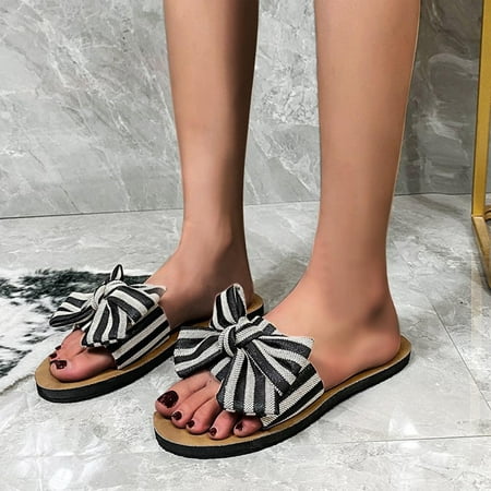 

Kukoosong Dressy Summer Womens Sandals Flip Flops Fashion Casual Cloth Stripe Bowknot Large Size Flat Beach Slippers Black Size 37-42