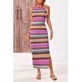 thumbnail image 4 of PRETTYGARDEN Womens Summer Sleeveless Tank Dress Crew Neck Striped Side Slit Bodycon Casual Maxi Dresses, 4 of 7