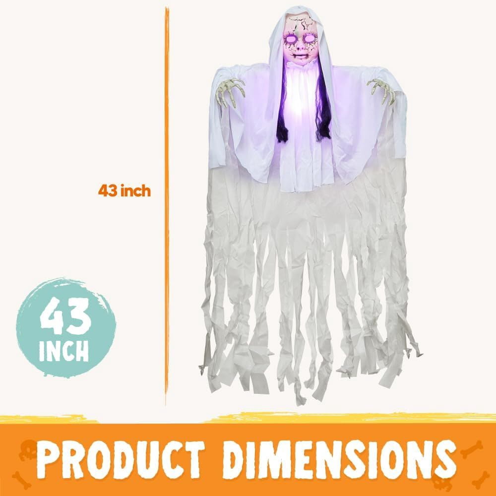 43 Inch Hanging Girl Ghost Halloween Decoration, Creepy Hollow Head Prop with Flashing Purple Lights on Head & Body, Battery Operated Latex Fabric Ghost Decor for Yard Haunted House Party