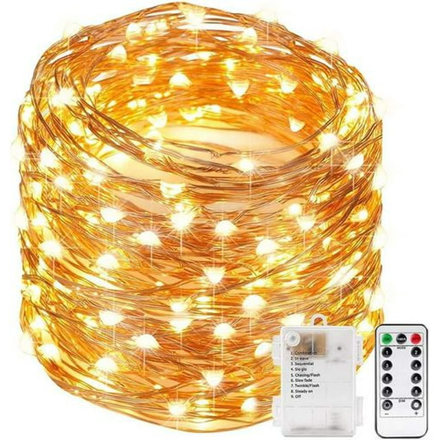 10M 100 LED Light String with Remote Control and Timer 8 Modes Dimmable Battery Powered