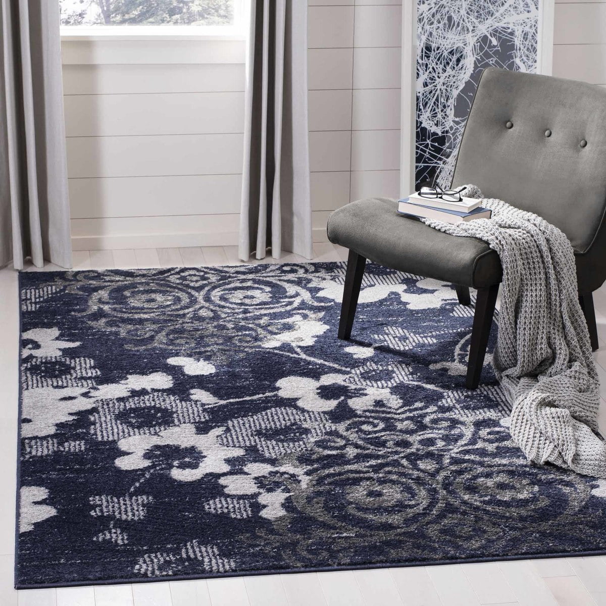 SAFAVIEH Adirondack Hortense Floral Area Rug, Navy/Silver, 5'1" x 7'6"