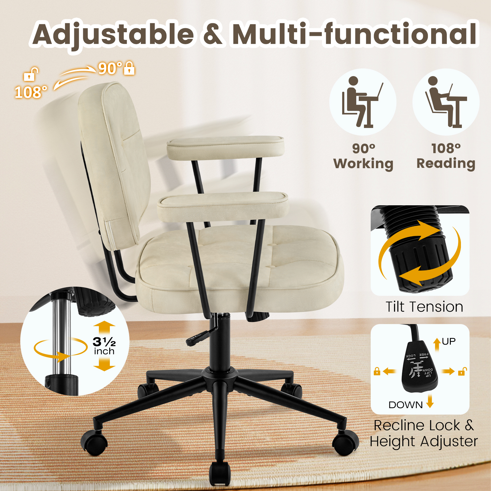 Falvinoryn Modern Home Office Desk Chair, Ergonomic Computer Task Chair with Padded Armrests, 360° Swivel Adjustable Height Rolling Chair, Rocking Function.Beige