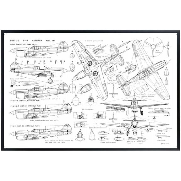 Curtiss P-40 Warhawk Wall Art – Vintage WWII Airplane Poster – Blueprint Diagram Military Print – Ideal Gift for Aviation Enthusiasts and Warbird Lovers
