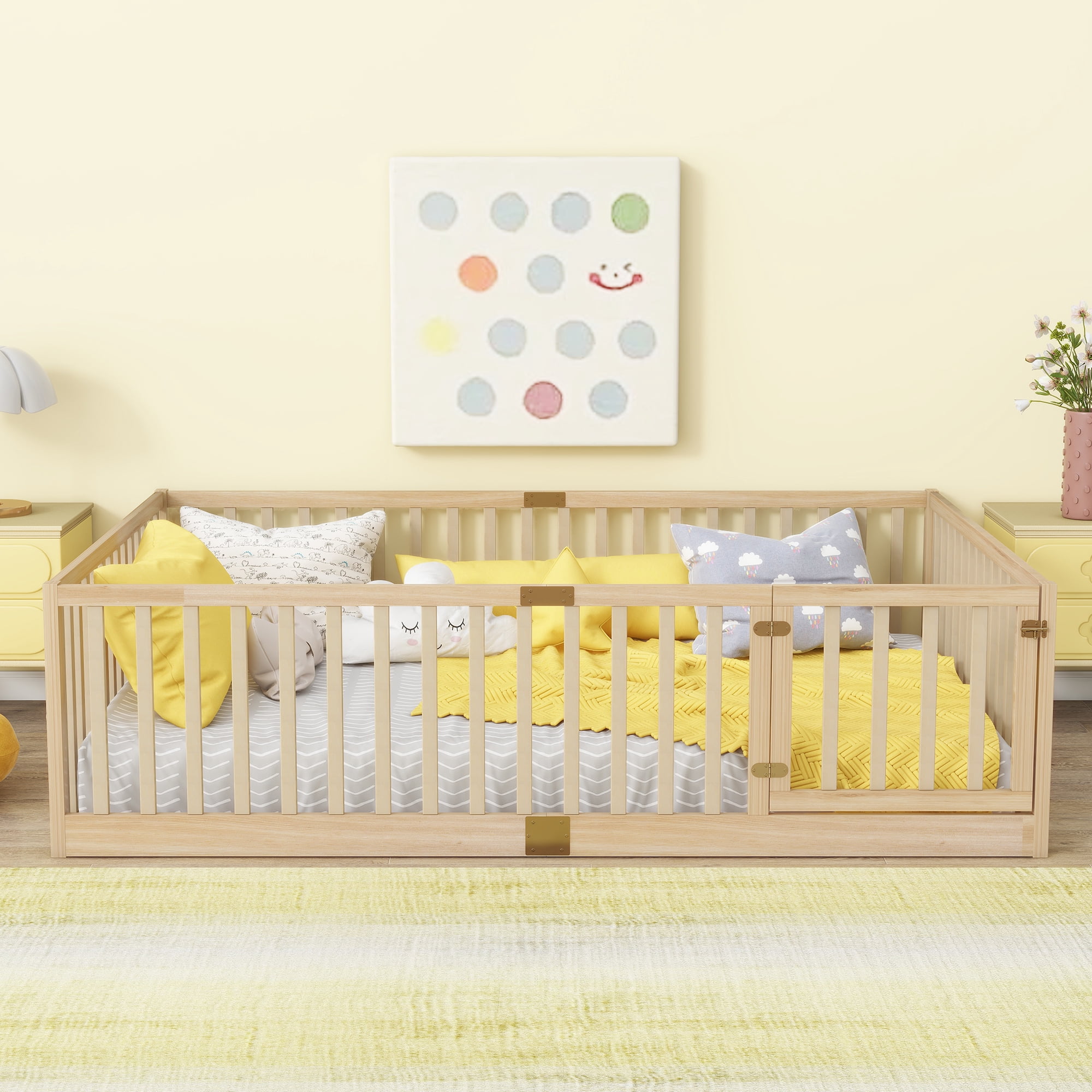 Holaki Wood Full Size Floor Bed with High Fence Railings for Kids, Oak