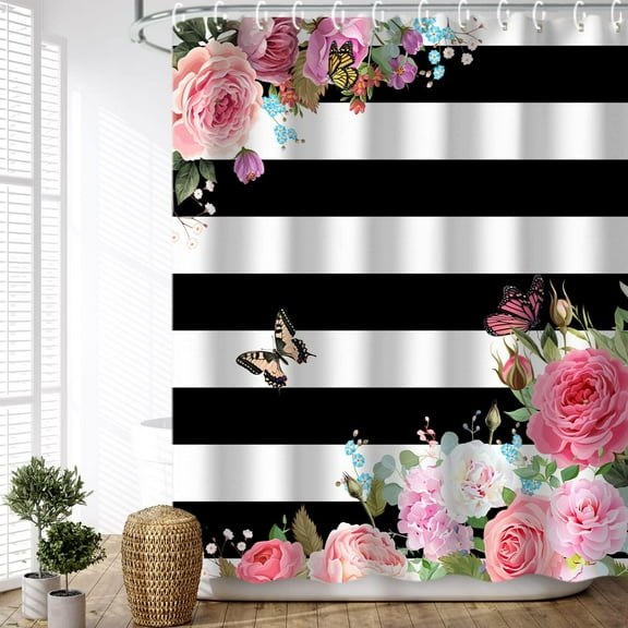 Pink Shower Curtains for Bathroom Floral Shower Curtain Flowers Girly Butterfly Black and White Striped Shower Curtain Set with Hooks 72" W x 72" H Machine Washable