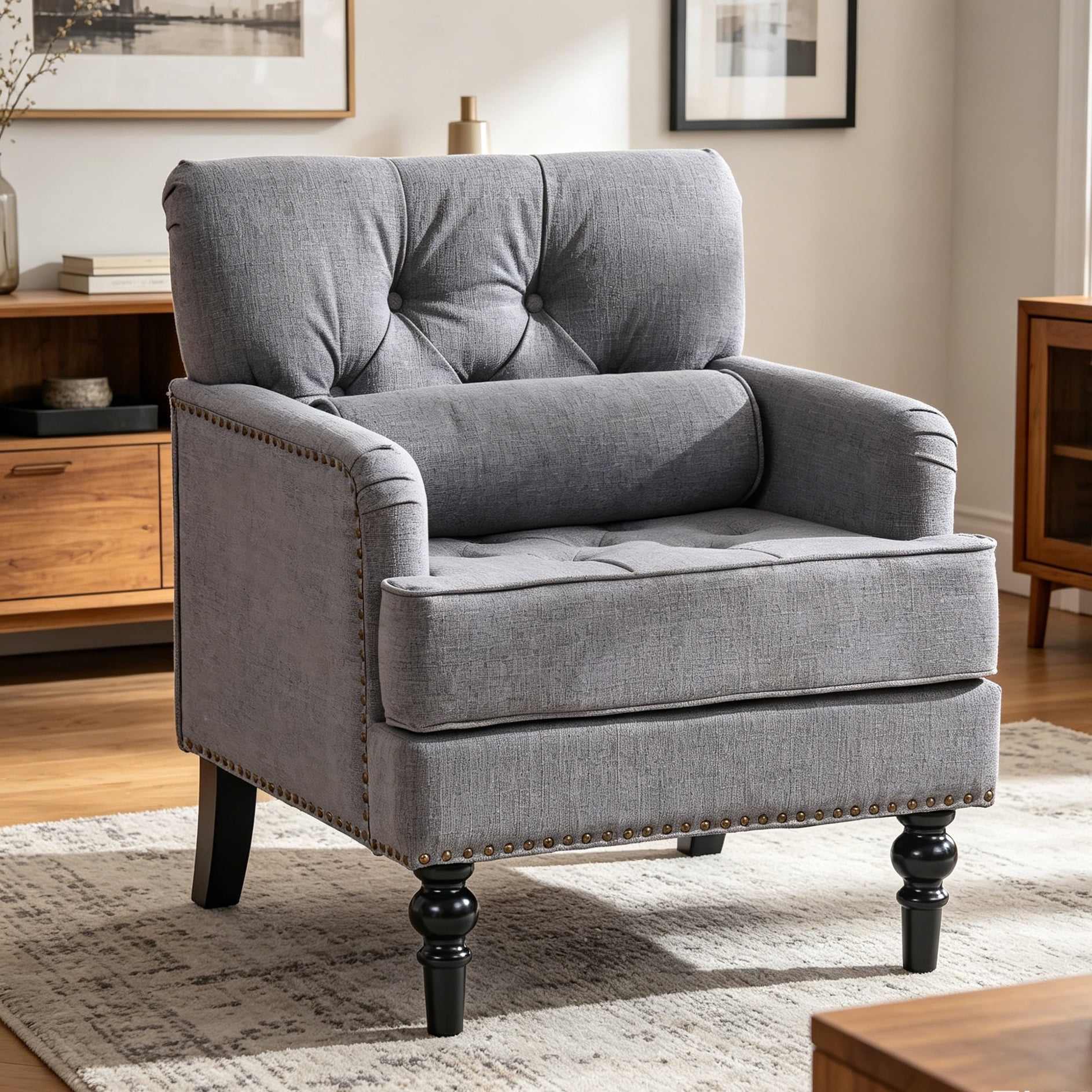 Aukfa Tufted Accent Chair, Mid Century Modern Linen Armchair with Nailhead Trim & Rubber Wood Legs for Small Spaces,Gray