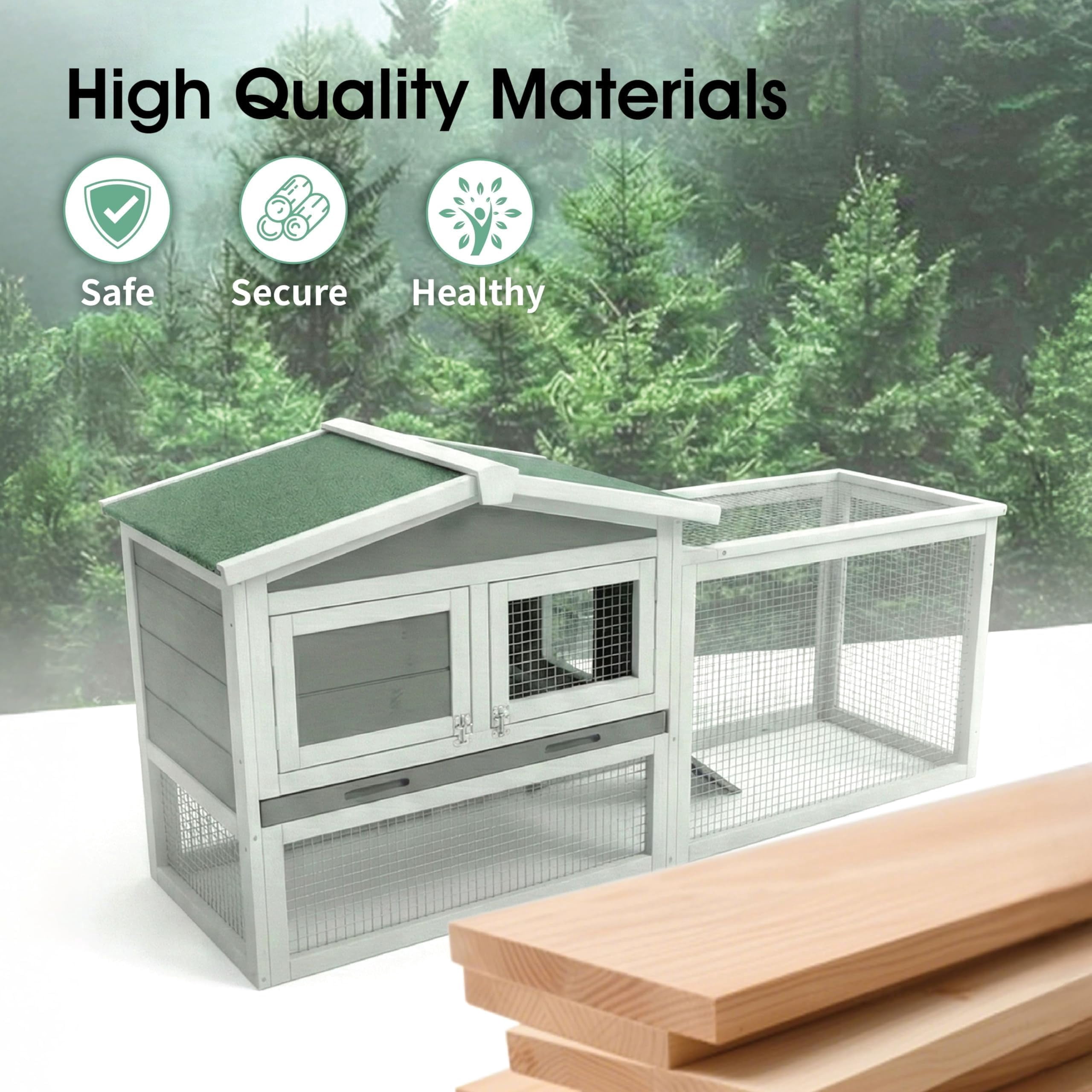 60.2 Inch Rabbit Hutch Outdoor, Wooden Bunny Cage with Waterproof Roof, Weatherproof Bunny Cage with Anti-Chew Metal Frame Ramp for Backyard Small Animals