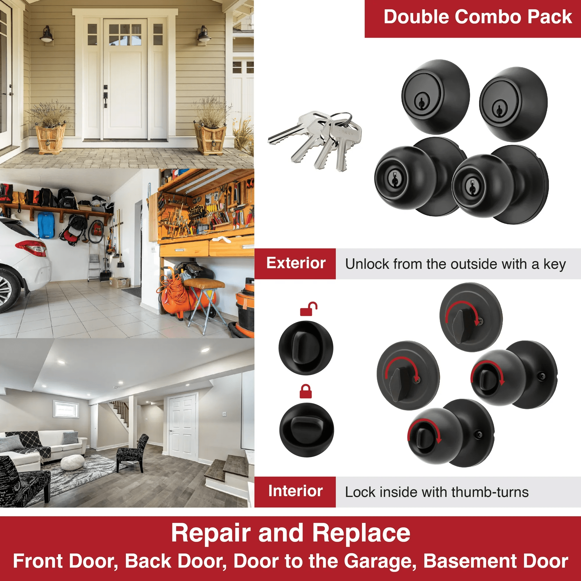 Hyper Tough 2-Pack Keyed Entry Doorknobs and Deadbolts in Matte Black Finish
