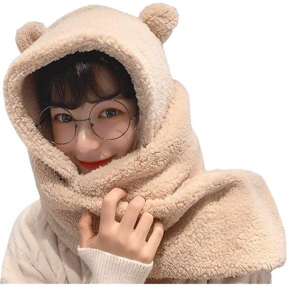Women Kawaii Bear Ear Beanie Hat Scarf 2 in 1 - Cute Winter Warm Sherpa Thicken Fleece Fuzzy Japanese Fluffy Knit Hat Cap