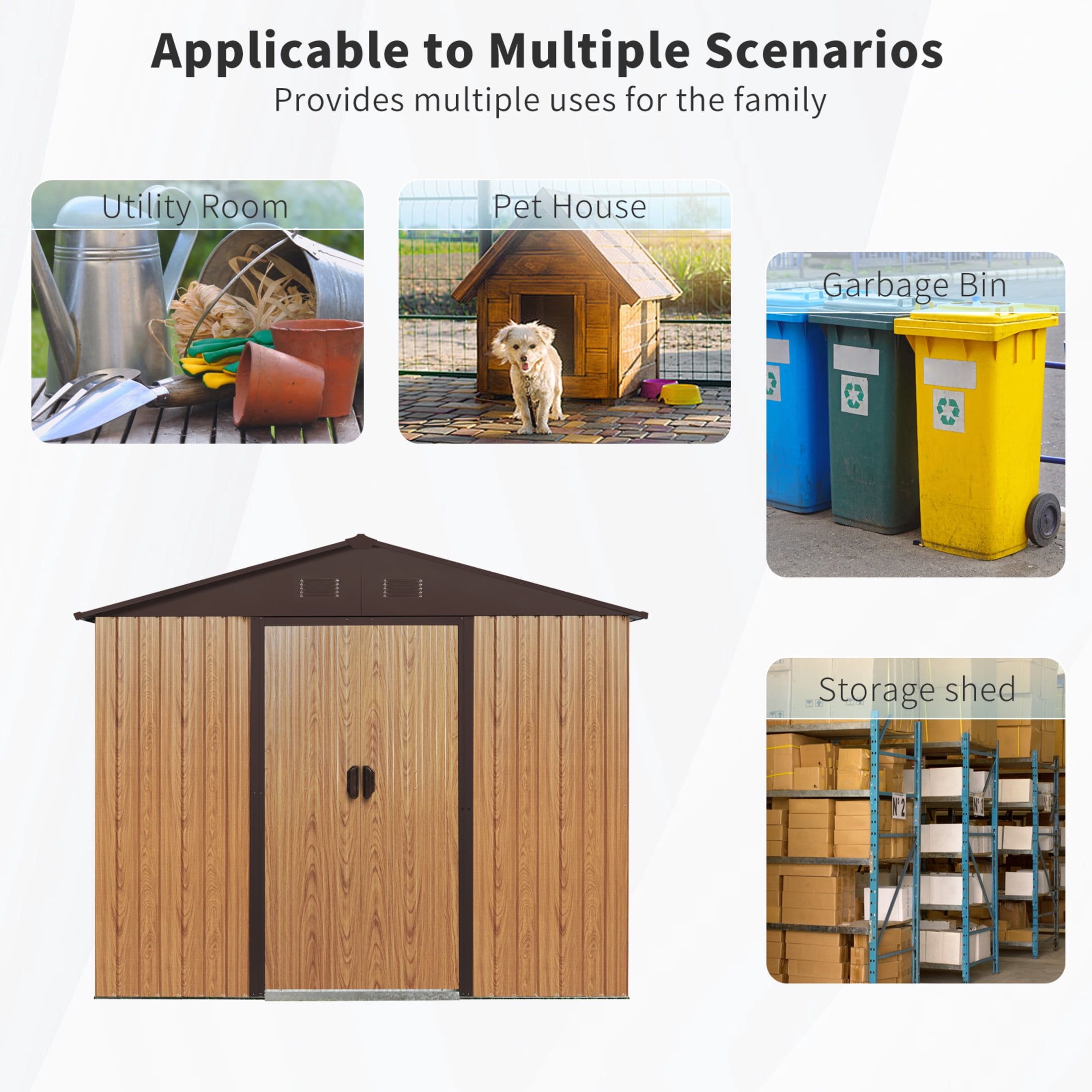 Noble House 8x4 FT Outdoor Metal Storage Shed with Window, Sloped Roof Utility Tool Organizer for Backyard & Patio, Coffee