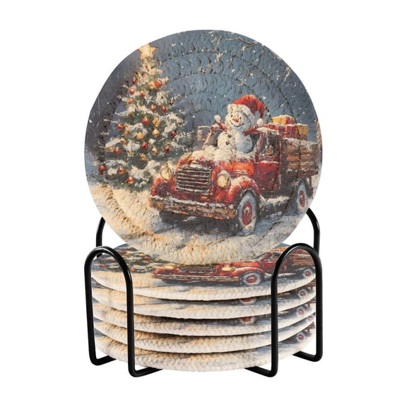 Christmas Tree and Snowman on Truck Coasters with Holder for Coffee Table 6 Pcs Drink Coaster Sets Absorbent for Home Decor 4 inch