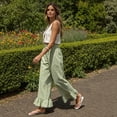 thumbnail image 6 of Women’s Plaid Wide Leg Pants Flared Leg Baggy Drawstring Ruffle Palazzo Pants with Pockets Summer Elastic Waisted Slacks Green M, 6 of 6