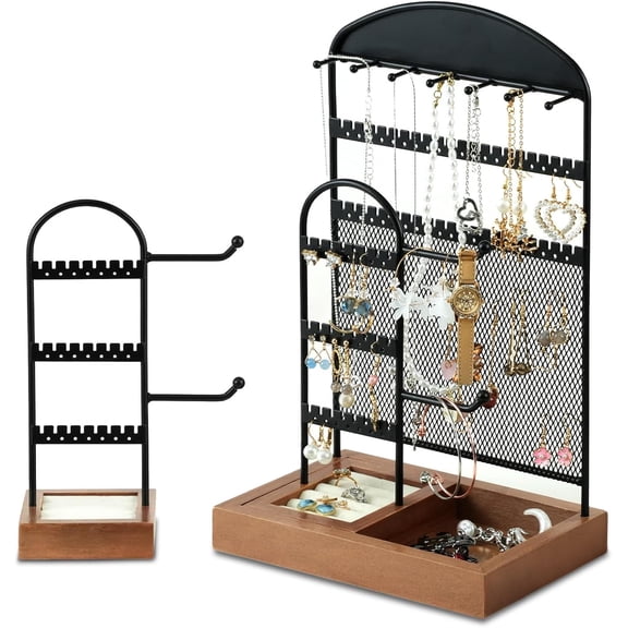 Jewellery Stand, Jewellery Organiser Stand with Metal Frame, Necklace Bracelet Holder, Earring Storage Organiser, Sturdy Jewellery Holder Display for Gift, Selling,Home Decor (Black)