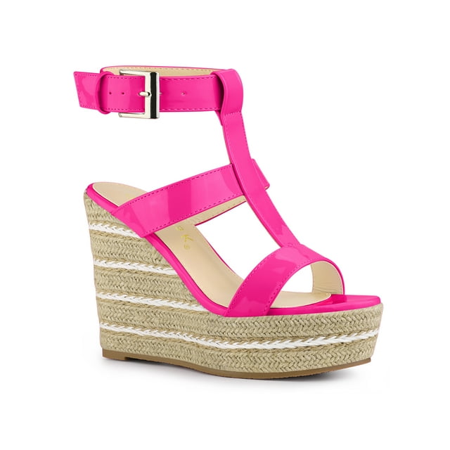 BLISSFUL STEP Sandales Compensées Espadrilles à Brides pour Femmes Rose Vif 7