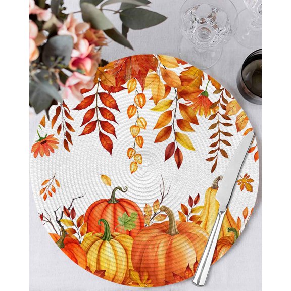 13 Inch Round Placemats Set of 6, Autumn Pumpkin Non Slip Heat Insulation PP Table Mats, Thanksgiving Fall Orange Red Gold Leaf Washable Place Mats for Kitchen Dining Party Table Decor