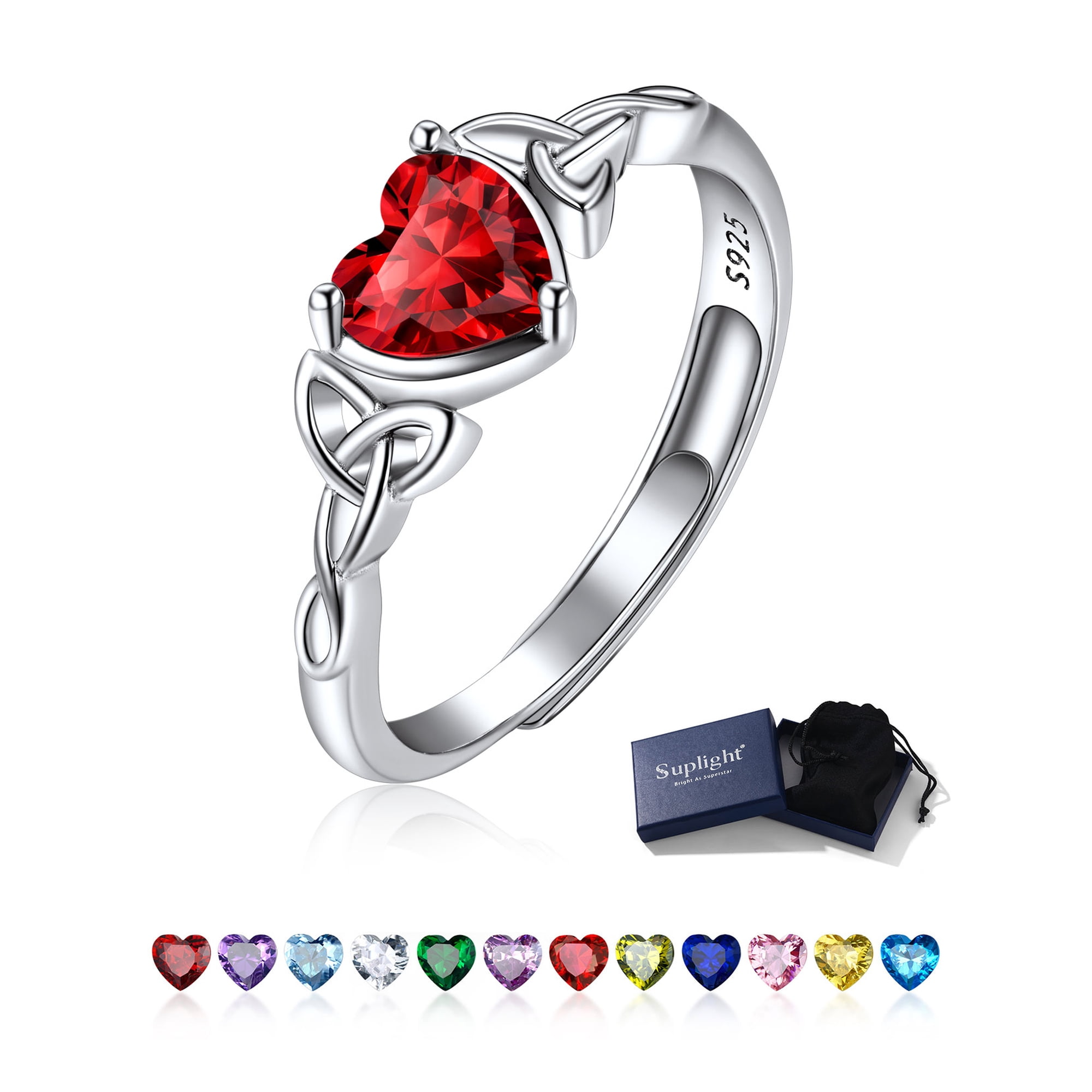 Suplight 925 Sterling Silver Birthstone Rings for Women Celtic Knot Love Heart January Garnet Gemstone Adjustable Engagement Promise Ring Jewelry Gifts for Wife Anniversary Birthday