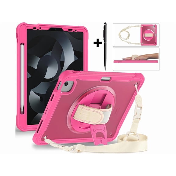 Case For iPad Air 5th/4th Generation 10.9 Inch 2022 2020/iPad Pro 11 2022/2021/2020/2018, Shcokproof Cover with Clear Transparent Back, Pencil Holder, Rotating Stand, Hand/Shoulder Strap, Stylus Pen