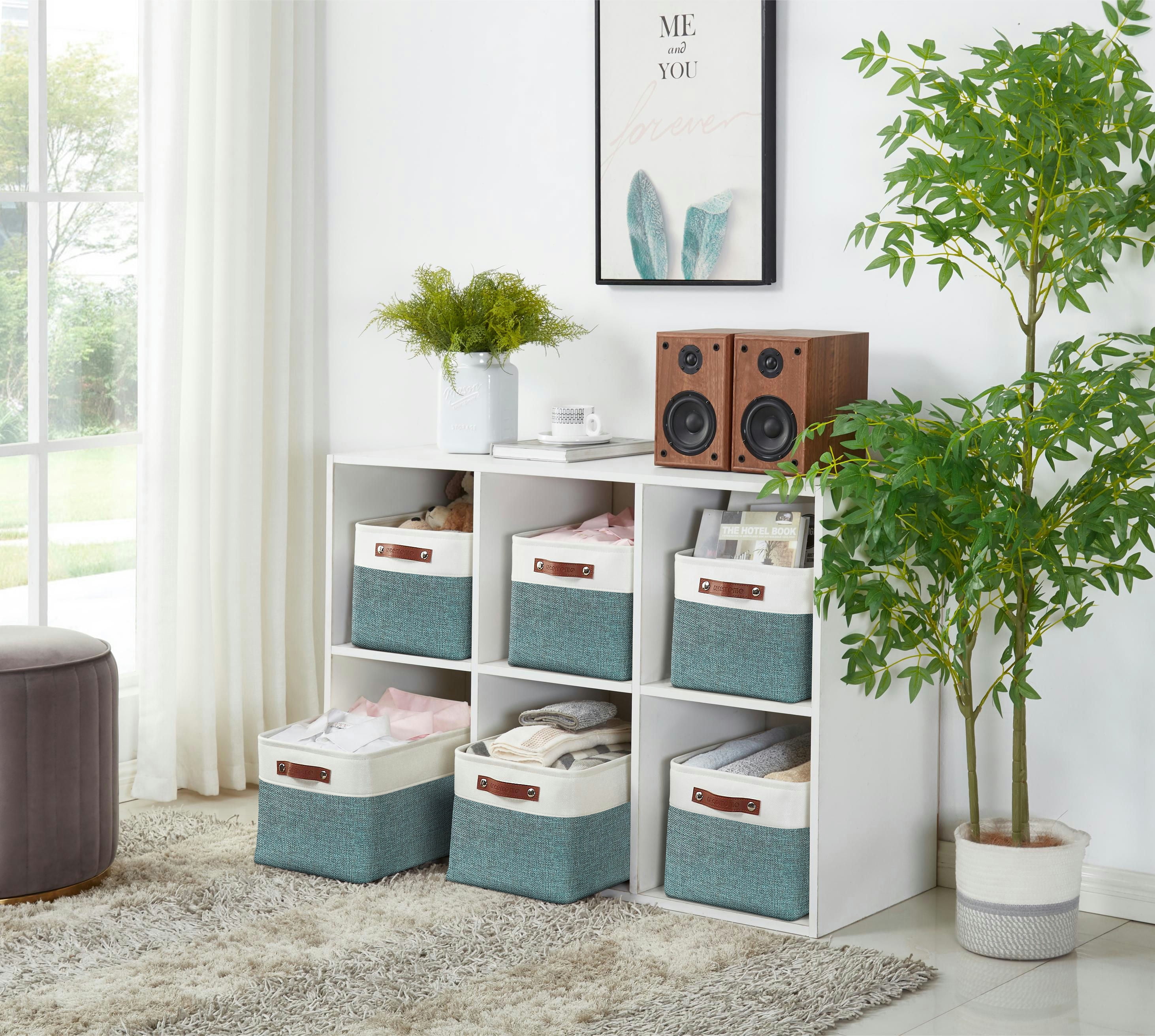 DECOMOMO Large Storage Baskets, Fabric Storage Bins, Baskets and Bins (Green and White, Set of 3)