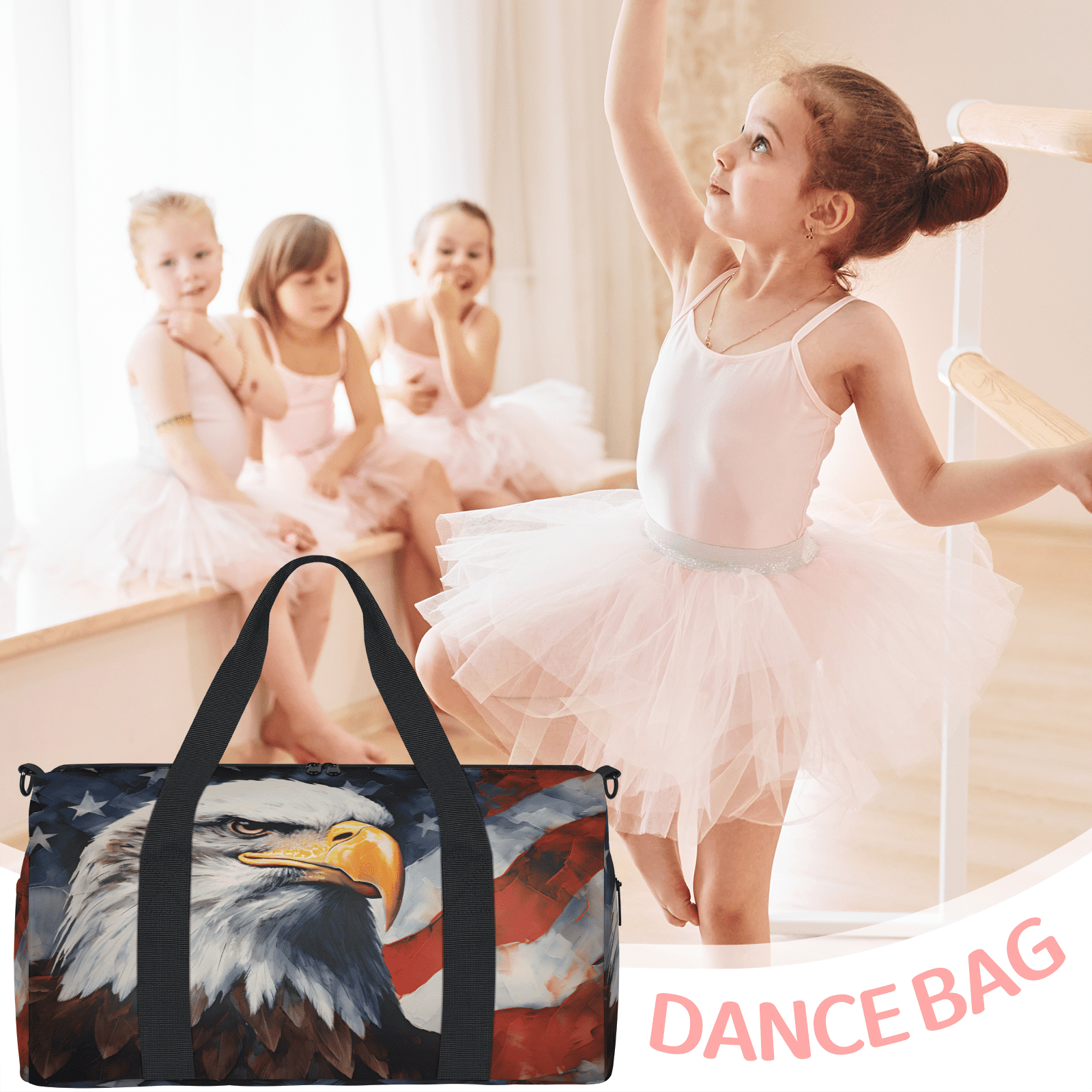 Herdesigns American Flag Eagles Travel Duffle Bag Sports Yoga Weekender Overnight Carry on Workout Bags Lightweight Waterproof Gym Tote Bag for Women