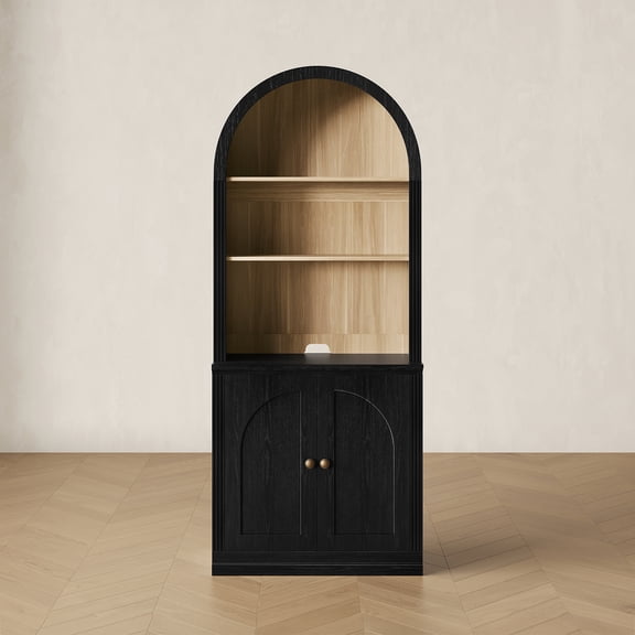 CHIC HOUSE 77" Arched Storage Cabinet with Hutch, Kitchen Pantry Cabinet with Doors & Shelves, Bookcase Storage Cabinet, Buffet Sideboard Coffee Bar Cabinet for Living Room, Black