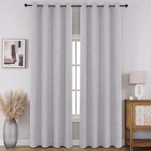 100% Blackout Window Curtains 90 inches Long 2 Panels Set, Faux Linen Look Thermal Insulated Grommet Drapes, Room Darkening Curtain for Bedroom Living Room(W52 x L90 Inch, White)
