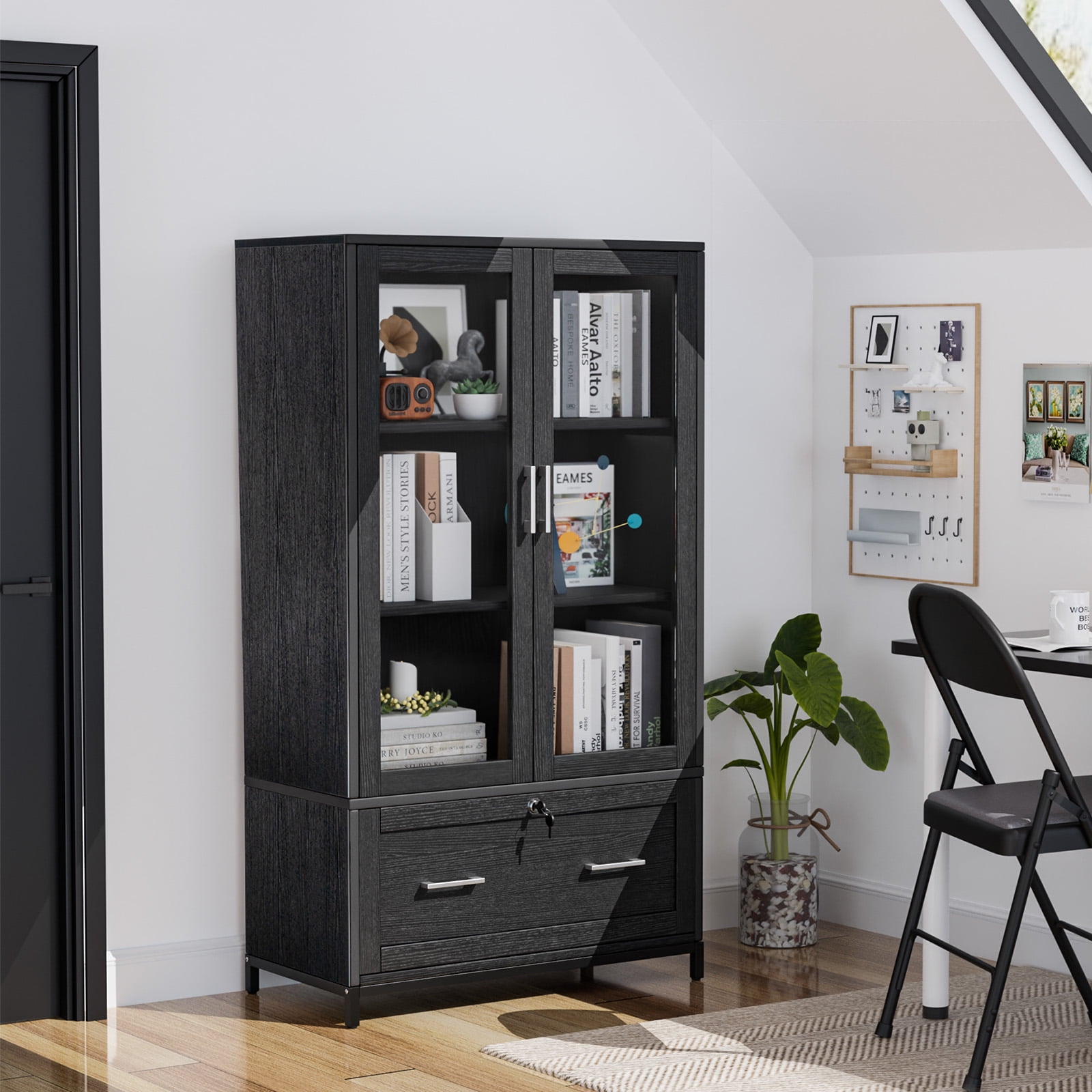 Ktaxon Lockable 4 Tier File Cabinet Bookcase with Letter+Legal Size Drawer&Adjustable Shelves, Wood Bookshelf Storage with Glass Door, Black