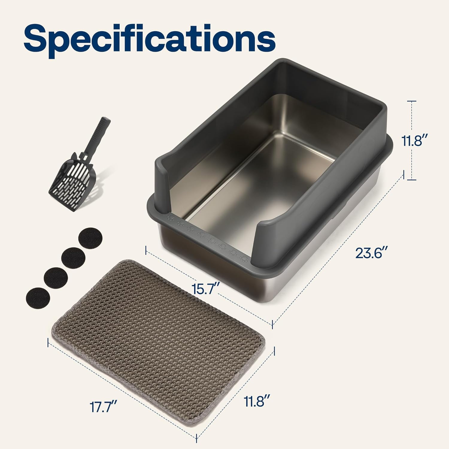 SPECSTAR Extra Large Stainless Steel Cat Litter Box, 23.6"x15.7" with Double Layer Litter Mat and Scoop, Dark Gray