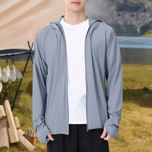 LOVZFMLL Jackets for Men Summer Men's Casual Fashion Solid Color Long Sleeved Hooded Drawstring Loose Sun Protection