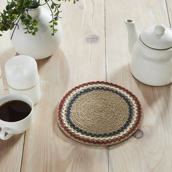 VHC Brands Patriotic Table Decor Red White Blue Americana RIC Rac Round Trivet Hot Pad for Kitchen 8 Inch Diameter