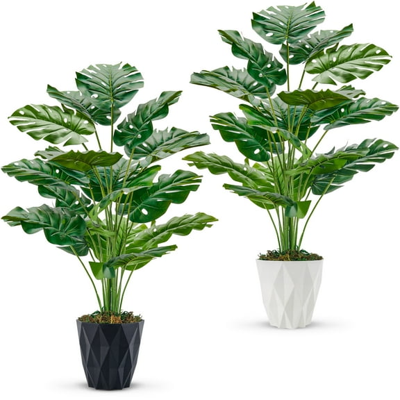 2 Pack 28" Realistic Artificial Monstera Plants Faux Indoor Greenery with White and Black Pots for Home Office Living Room Decoraction