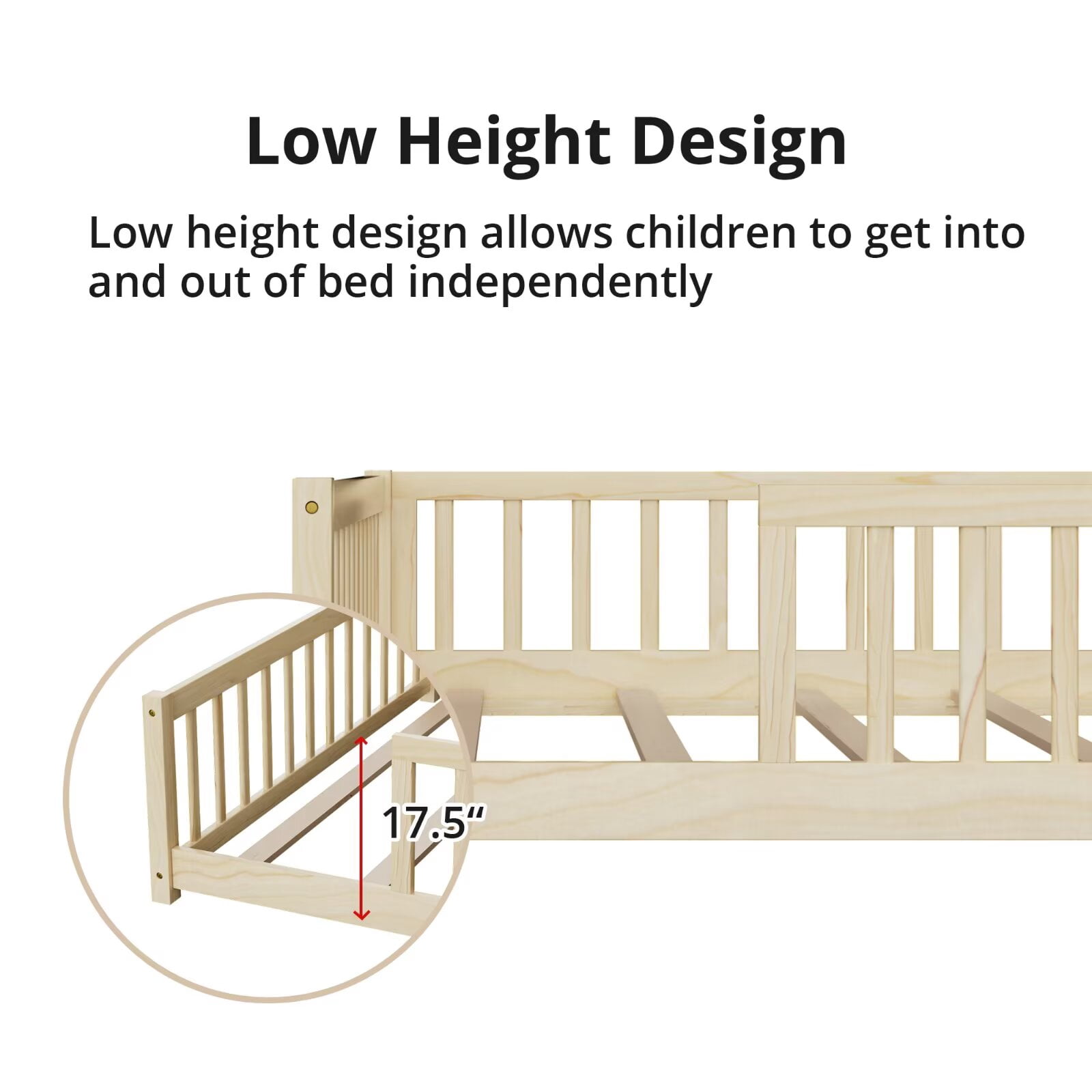 Full Floor Bed for Kids Toddlers, Multifunctional Montessori Bed Frame with Safety Guardrails and Wood Slats, Without Door, Easy Assemble, Natural