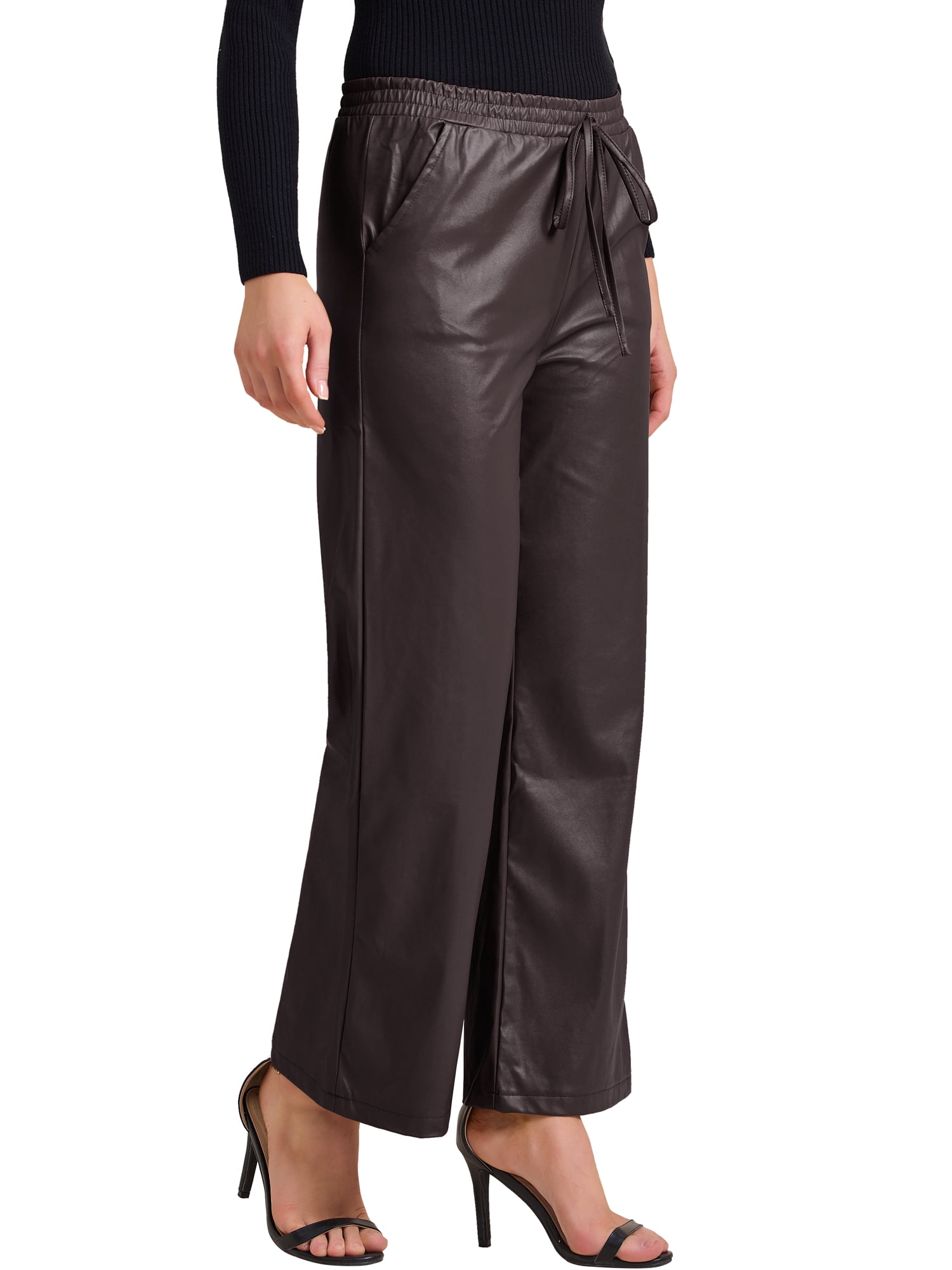 INSPIRE CHIC Women's Faux Leather Pants High Waist Straight Leg Pant Trousers with Pockets Party Outfit L Coffee
