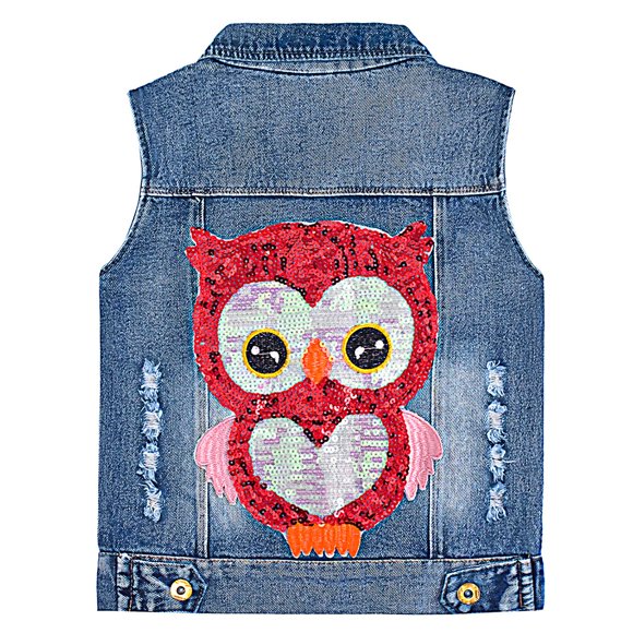 Yao 1-9Y Toddler Girls Denim Sequin Vest Distressed Jean Jacket(Owl,6-7Y)